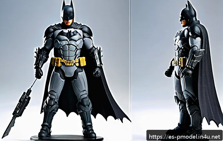 DC 히어로 프라모델 추천 - A highly detailed collectible figure of Batman from the Arkham Knight series, wearing a textured gra...