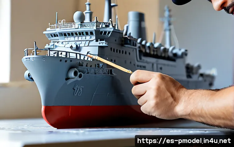 함선 프라모델 도색 노하우 - Photorealistic close-up of an adult hobbyist carefully airbrushing a detailed unbranded naval ship p...