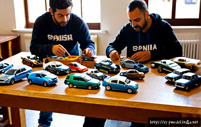프라모델 애호가 커뮤니티 - Photorealistic hobby workshop in a Spanish-speaking city, diverse adult scale-model enthusiasts gath...